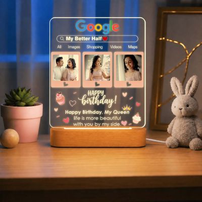 Personalized Google Page Theme Birthday Gift for Wife, Soulmate, Fiancée & Better Half – Warm Light Bedside Table Lamp with Wooden Stand Anniversary, Birthday & Valentine’s Day Gift